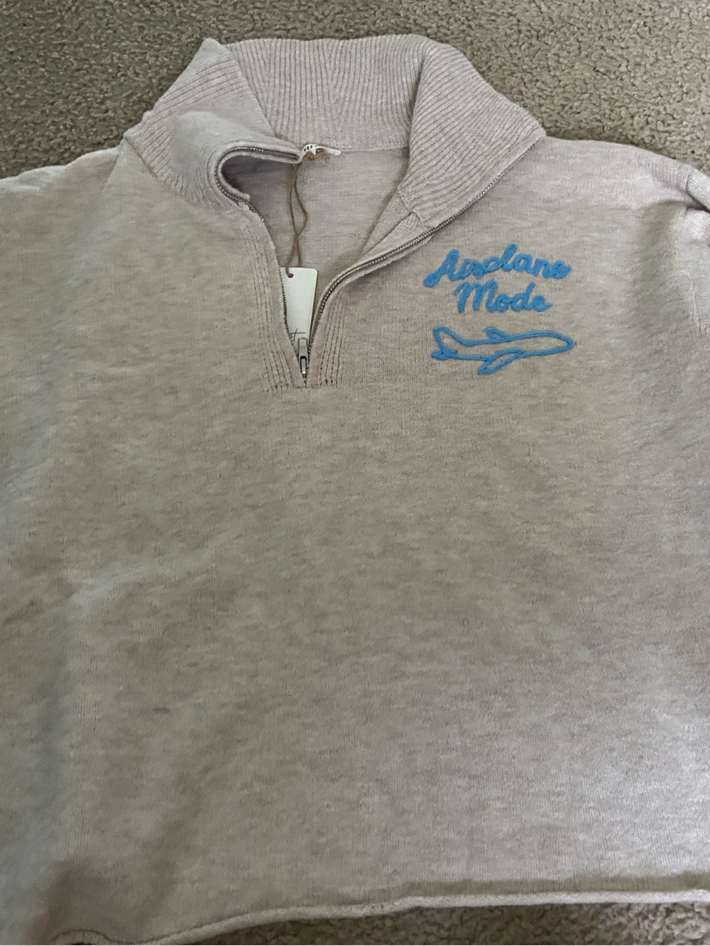 Lauriebelles Beige 'Airplane Mode' Embroidered Pullover Sweater